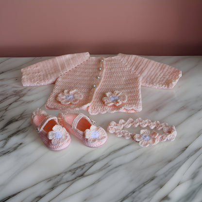 Floral Baby Jacket Set with Crib Shoes Hair Bend - Perfect for Baby Shower Birthday or Photoshoot - Customizable in Any Color