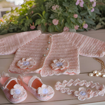 Floral Baby Jacket Set with Crib Shoes Hair Bend - Perfect for Baby Shower Birthday or Photoshoot - Customizable in Any Color