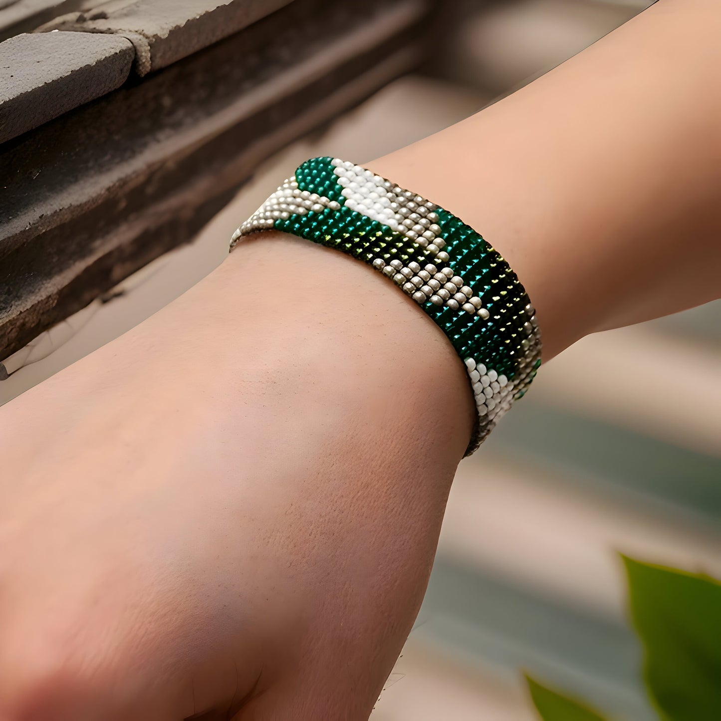 Armenian Loom Beaded Bracelet - Green Silver White - Handmade Gift for Her - Traditional Armenian Art Design