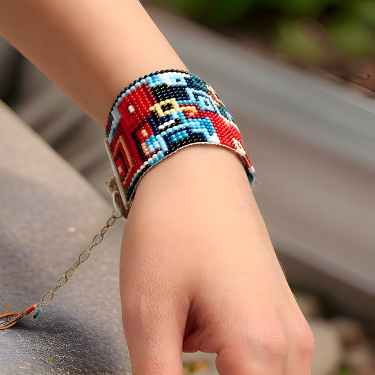 Handmade Geometric Bead Bracelet in Blue Black Red Aqua and Pink - Huichol Inspired Pattern - Gift for Her - Armenian Gift