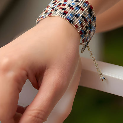 Handmade Armenian Geometric Bead Bracelet in Red Blue White and Aqua - Armenian Gift Arts and Jewelry