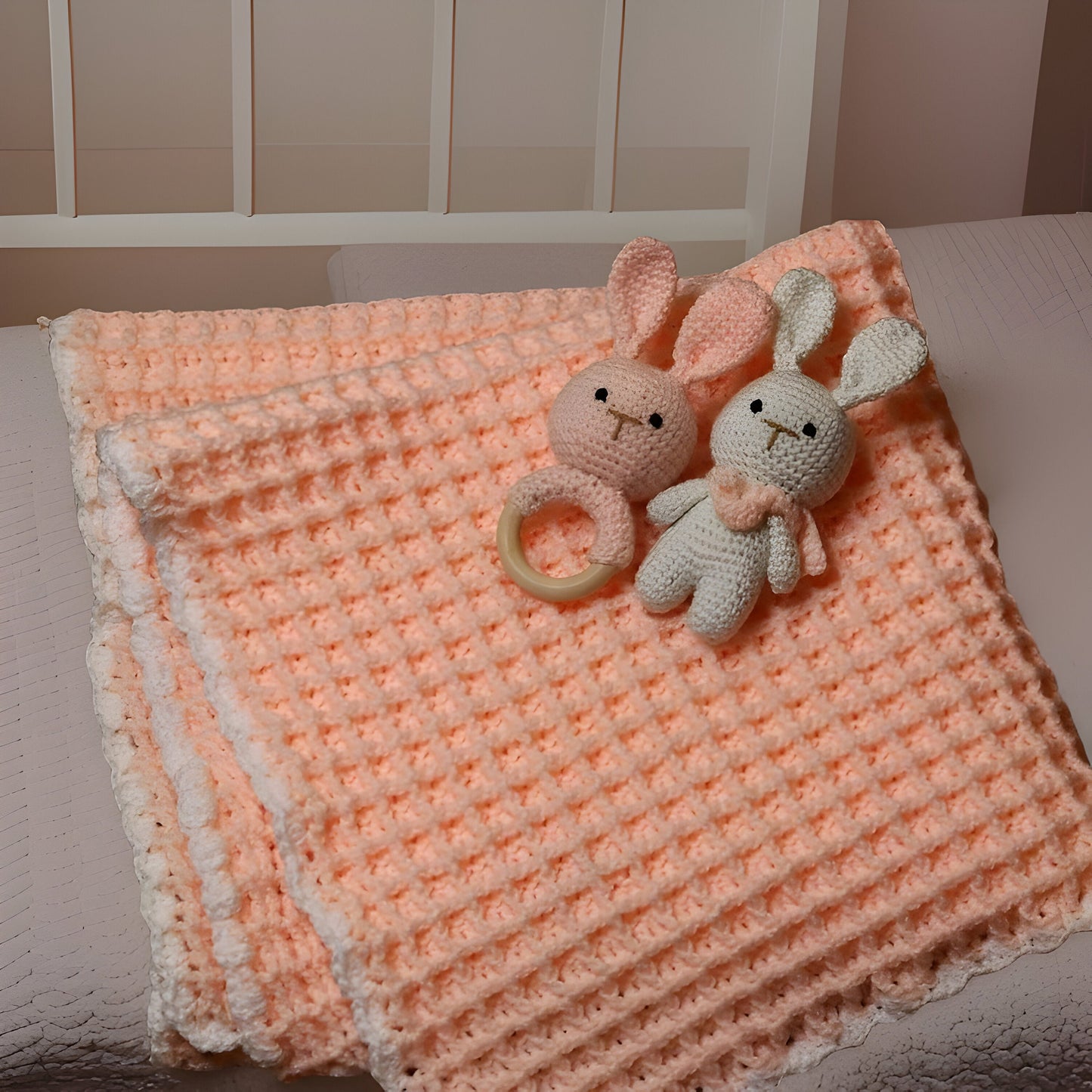 Waffle Crochet Baby Blanket Set with Bunny Rattle Toys - Baby Shower Gift - Custom Color