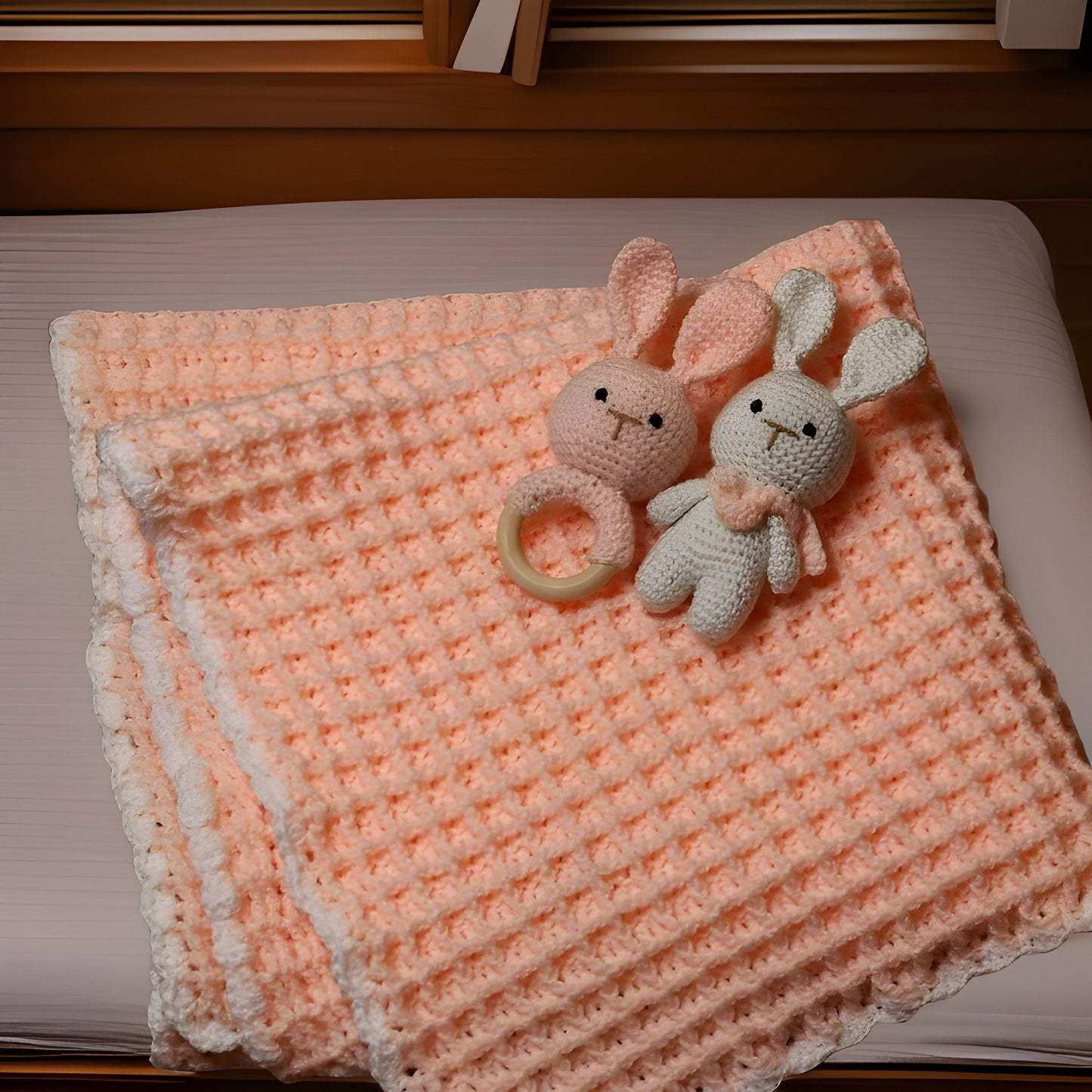 Waffle Crochet Baby Blanket Set with Bunny Rattle Toys - Baby Shower Gift - Custom Color