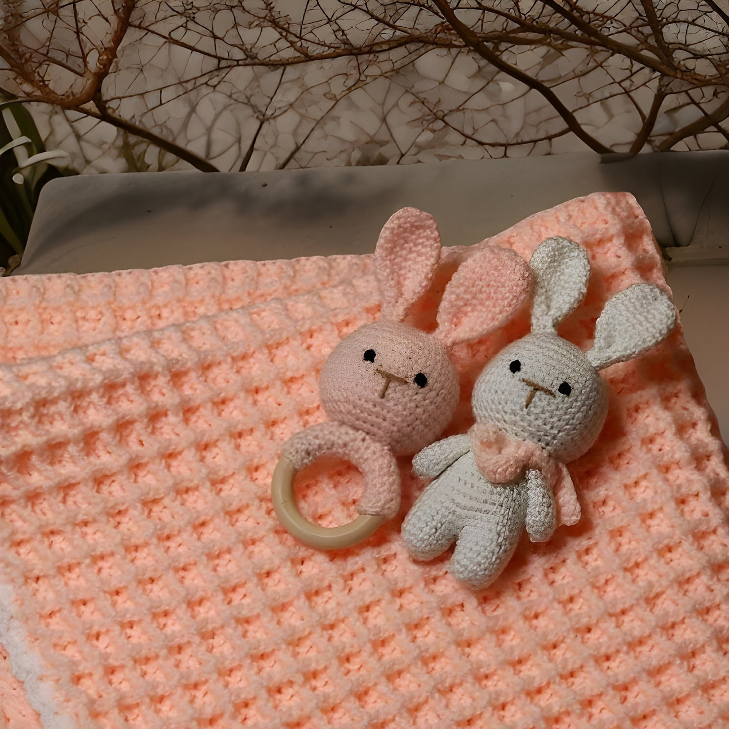 Waffle Crochet Baby Blanket Set with Bunny Rattle Toys - Baby Shower Gift - Custom Color