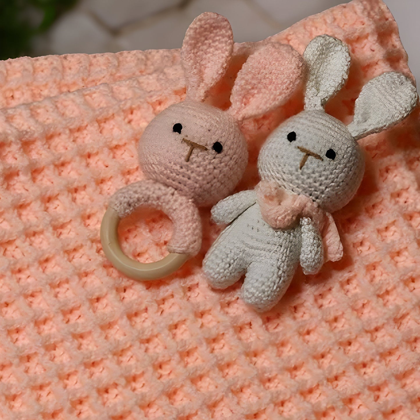 Waffle Crochet Baby Blanket Set with Bunny Rattle Toys - Baby Shower Gift - Custom Color