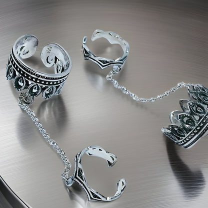 Adjustable Viking Double Sterling Silver Full Finger Ring - Games of Thrones Inspired Armenian Silver Design