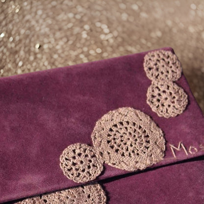 Plum Clutch with Hand-Crocheted  Doily Embellishments  Perfect Gift for Sisters Evenings and Timeless Style