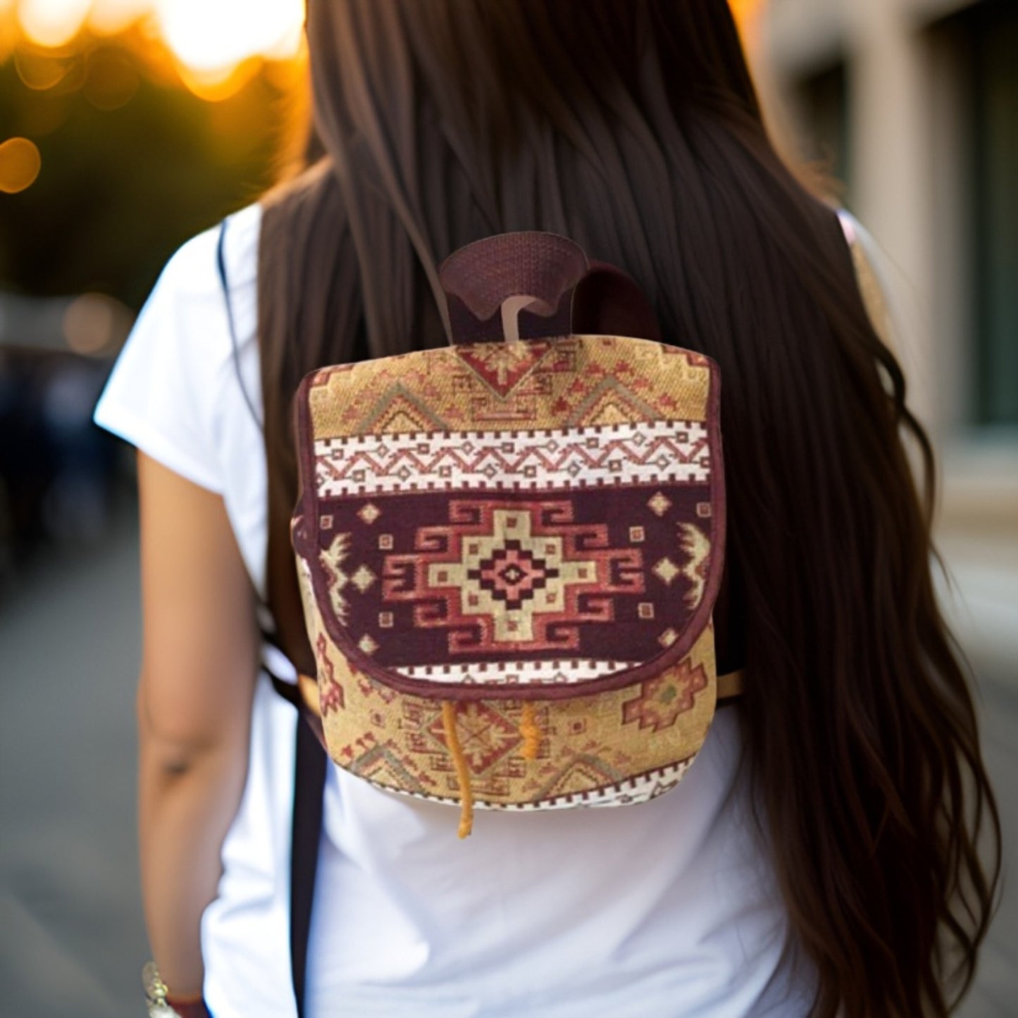 Armenian Bohemian Backpack: Ethnic Tribal Purse with Armenian Motif - Rich Brown, and Beige Carpet Bag - Unique Gift -Armenian Culture