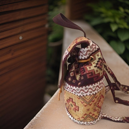 Armenian Bohemian Backpack: Ethnic Tribal Purse with Armenian Motif - Rich Brown, and Beige Carpet Bag - Unique Gift -Armenian Culture