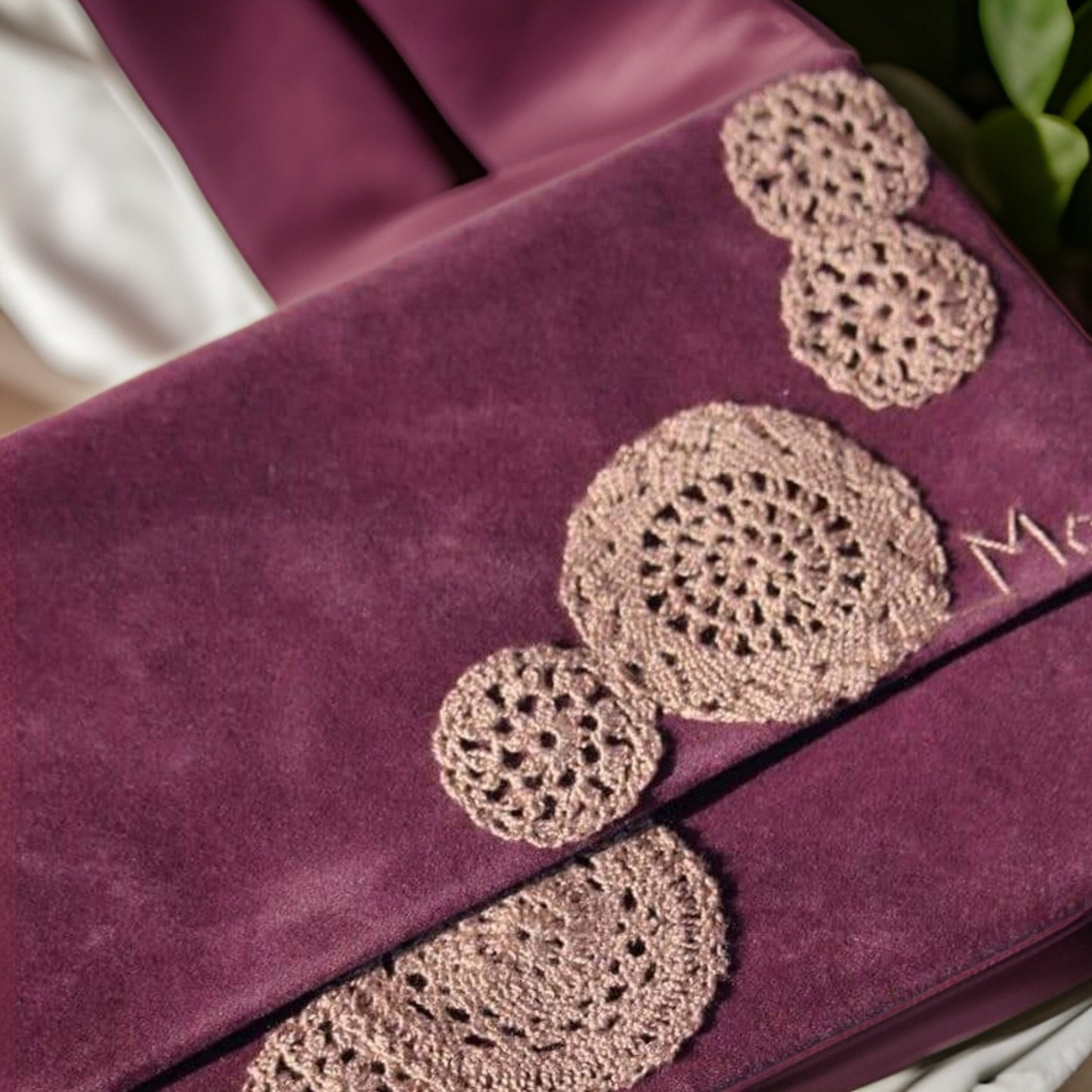 Plum Clutch with Hand-Crocheted  Doily Embellishments  Perfect Gift for Sisters Evenings and Timeless Style