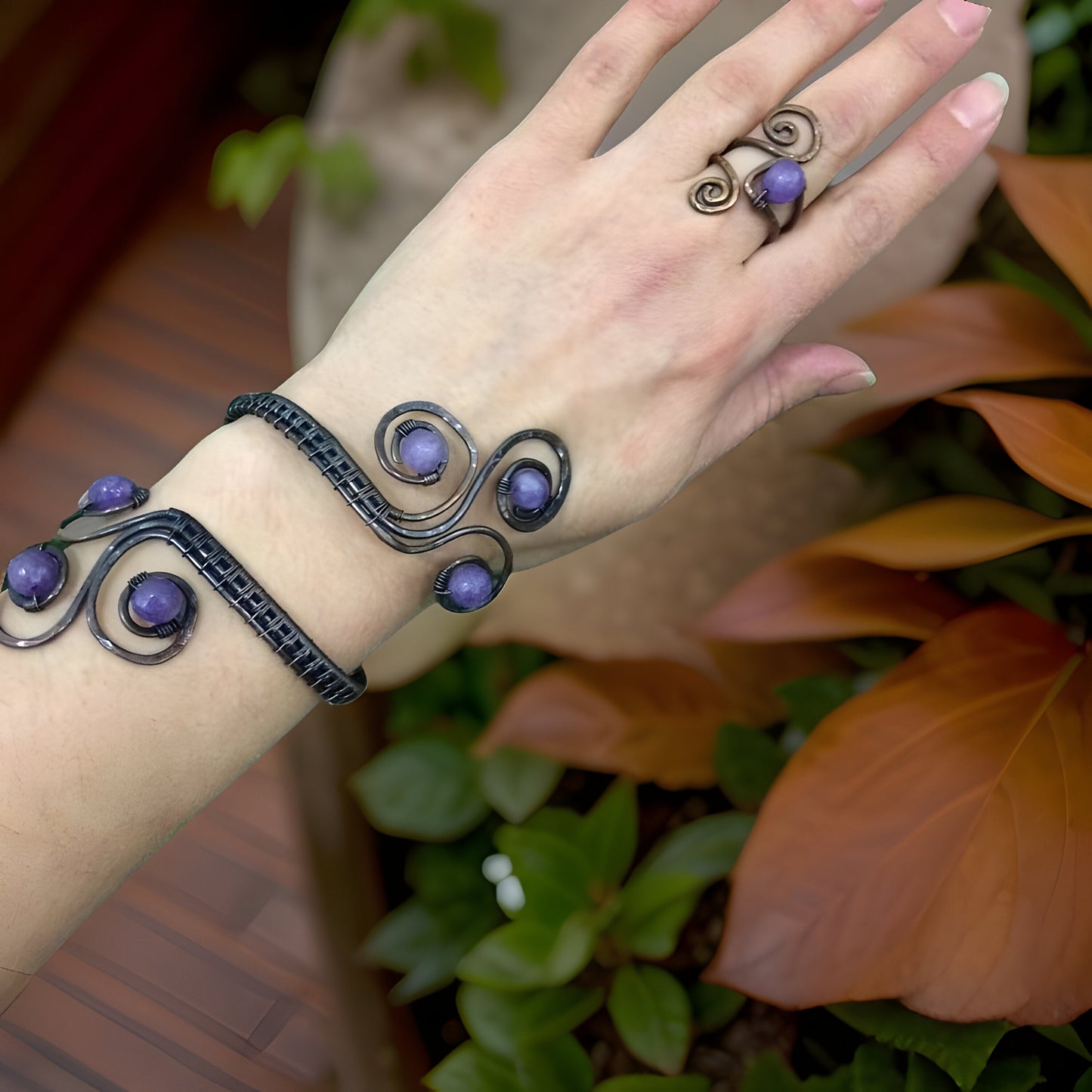 Healing Crystal Bracelet - Copper Wire Wrapped Cuff Wire Wrap Bangle with Amethyst, Rose Quartz, Clear Quartz, and Turquoise