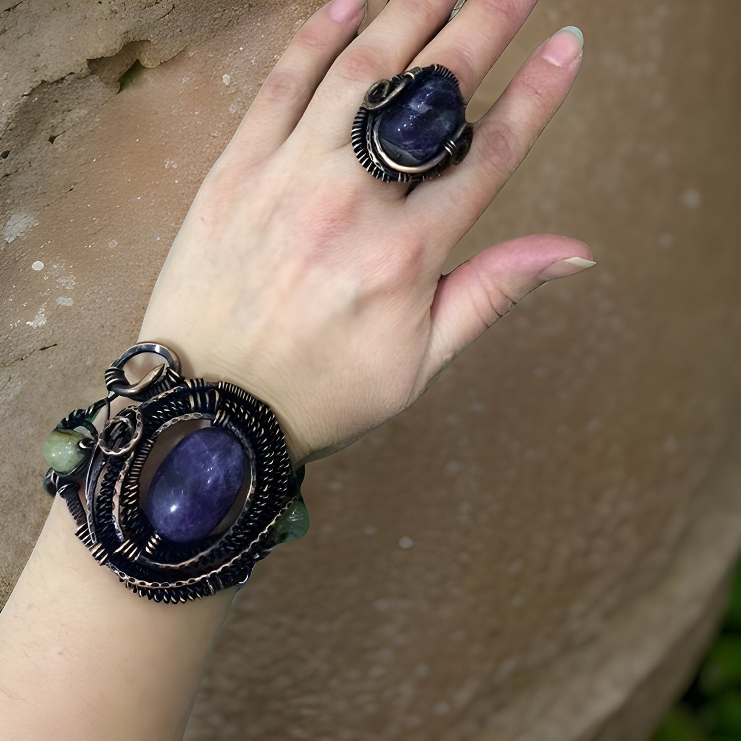 Lace Agate Fantasy Bracelet & Ring Set - Copper Wire-Wrapped - Large Statement - Multiple Color Options - Formal or Non-Formal Occasions