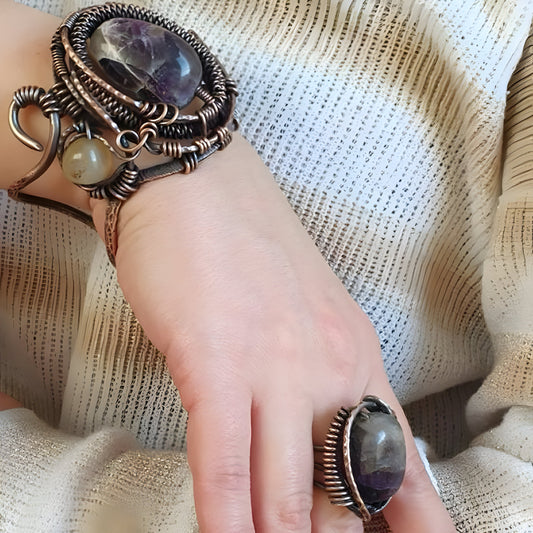 Lace Agate Fantasy Bracelet & Ring Set - Copper Wire-Wrapped - Large Statement - Multiple Color Options - Formal or Non-Formal Occasions