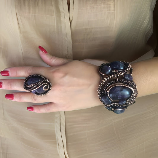 Midnight Blue Sodalite Fantasy Bracelet & Ring Set -Copper Wire-Wrapped Natural Healing Stone - Celestial Dreams Collection