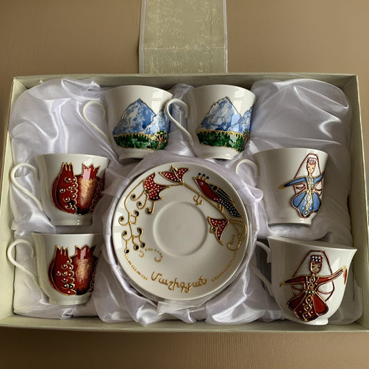 Set of 6 HAND-DRAWN Espresso Coffee Cup and Saucer Set - Armenian Wedding Gift - Ararat Mountain - Pomegranate - Armenian Girls