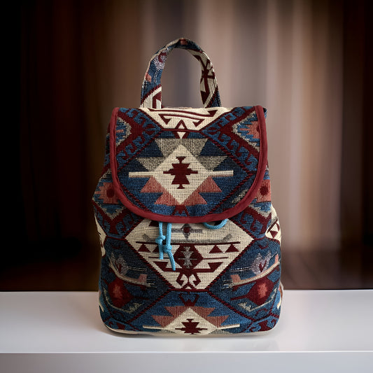 BLUE Armenian Bohemian Backpack: Ethnic Rug Tribal Purse with Authentic Armenian Motif, Ink Blue Armenian Gift, Armenian Taraz Backpack