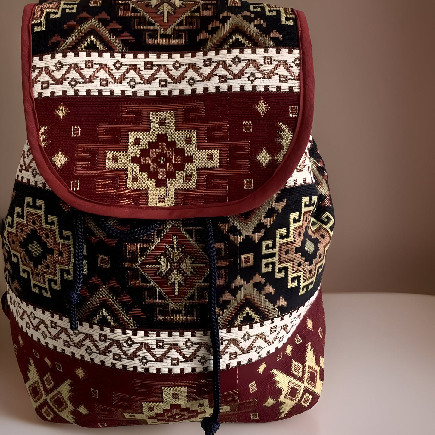 Stylish Dark Burgundy Rich Red Carpet Bag - Armenian Bohemian Backpack: Ethnic Rug Tribal Purse Armenian Motif  - Authentic Armenian Gift