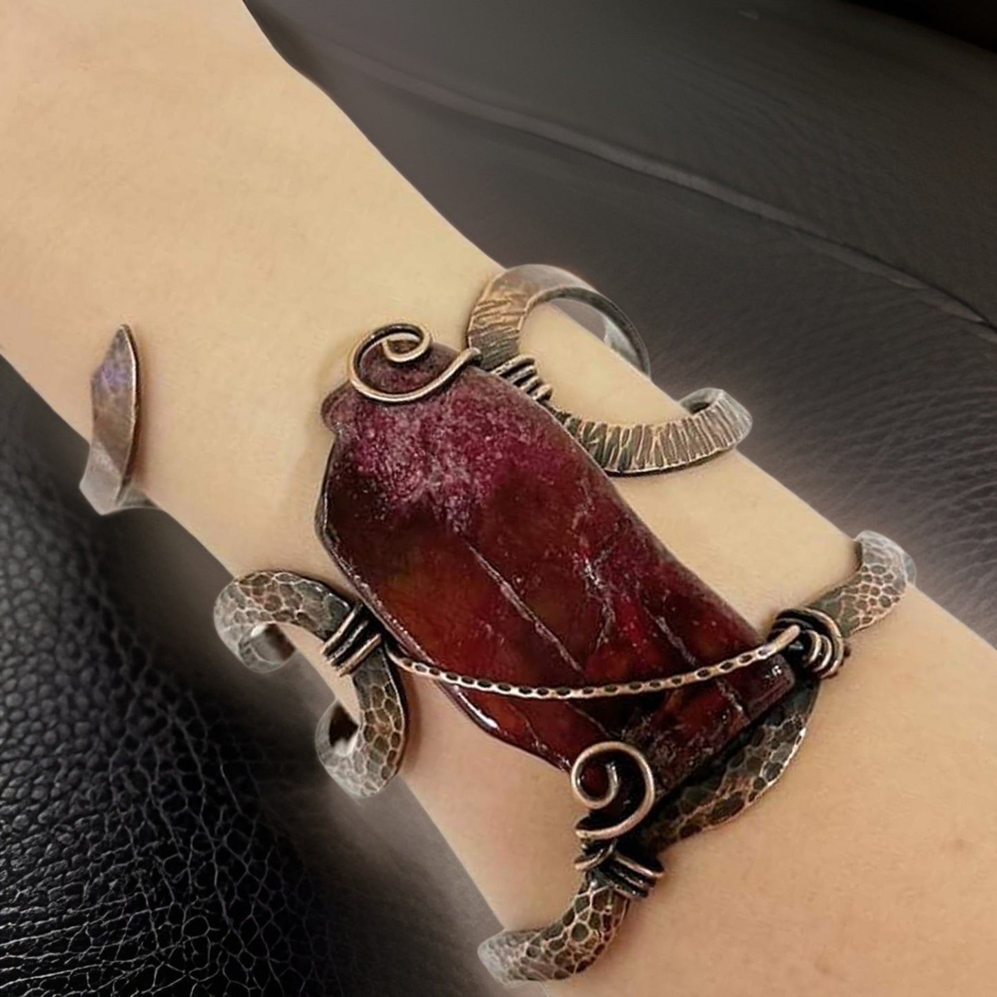 Rich Chocolate Brown & Burgundy Agate Large Wire-Wrapped Cuff Bracelet - Elven Arm Jewelry - Handcrafted Elf Bracelet - Statement Piece