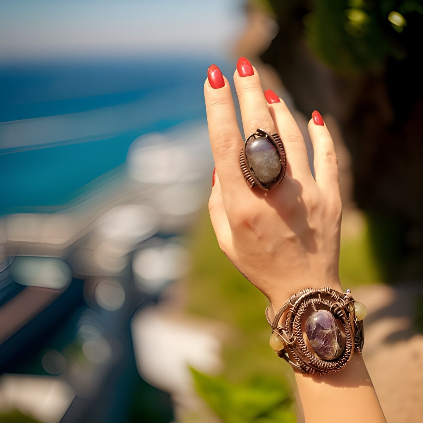 Lace Agate Fantasy Bracelet & Ring Set - Copper Wire-Wrapped - Large Statement - Multiple Color Options - Formal or Non-Formal Occasions