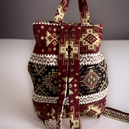 Stylish Dark Burgundy Rich Red Carpet Bag - Armenian Bohemian Backpack: Ethnic Rug Tribal Purse Armenian Motif  - Authentic Armenian Gift