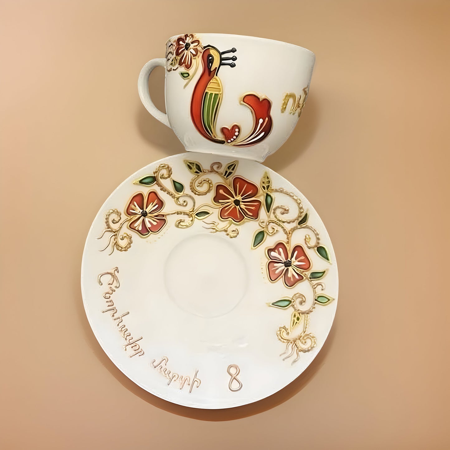 Personalized Initial Letter (Armenian or English)Trchnatar - Calligraphy - Red Poppies - 100ml (3.4oz) Teacup Saucer Set - Mother's Day Gift