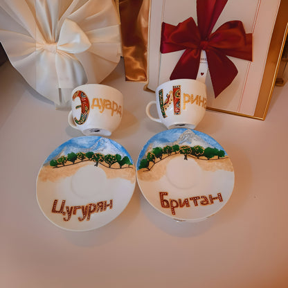 Mountain Ararat - Masis Sis, Personalized Initial Letter (Armenian, English, Russian) - 100ml (3.4oz) Teacup Saucer Set - Father's Day Gift