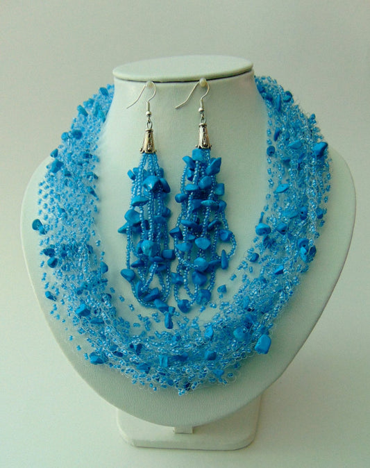 Frozen Inspired Electric Blue Necklace Set - Handmade in Armenia - Snow Queen Snow Crystal