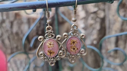 Victorian-Inspired Earrings Light Pink Dried Flowers from Armenia - Antique Aesthetic, Delicate Floral Jewelry,  Touch of Timeless Elegance