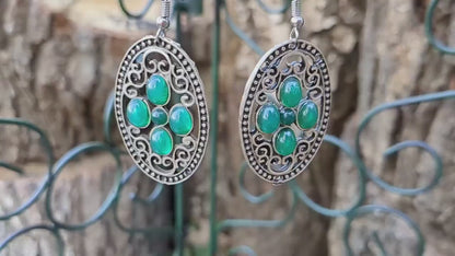 Boho Chic Silver Oval Earrings with Natural Green Stones - Filigree  Handcrafted Jewelry for a Touch of Bohemian Elegance and  Glamour