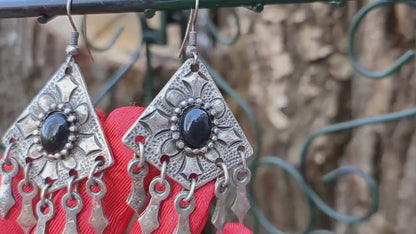 Black Natural Dangle Triangle Earrings - Armenian Earrings,  Bohemian Jewelry, Filigri Earrings