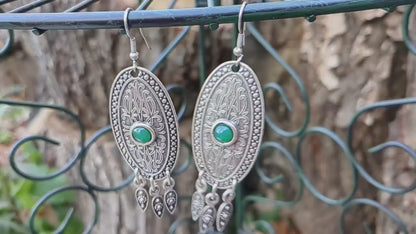 Filigree Oval Earrings with Natural Green Stone - Bohemian Dangle Long Earrings - Handcrafted Armenian Jewelry - Unique Statement Pieces