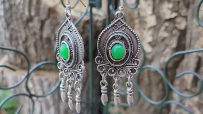 Renaissance Earrings - Victorian Style Bohemian Filigree Earrings with Large Natural Green Stone - Armenian Handmade - Armenian Gift