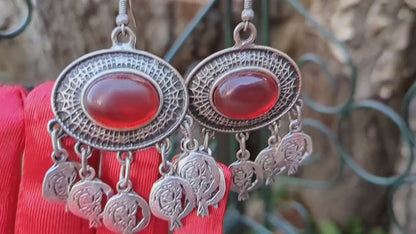 Bright Red Natural Stone Armenian Traditional Dangle Earrings with Pomegranate Filigree - Bohemian Style in Silver Color - Armenian Gift