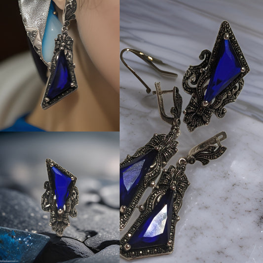 Midnight Blue and Royal Blue Sterling Silver Lace Ring and Earring Set - Medieval Royalty Jewelry - Armenian Silver Bow Queenly Set