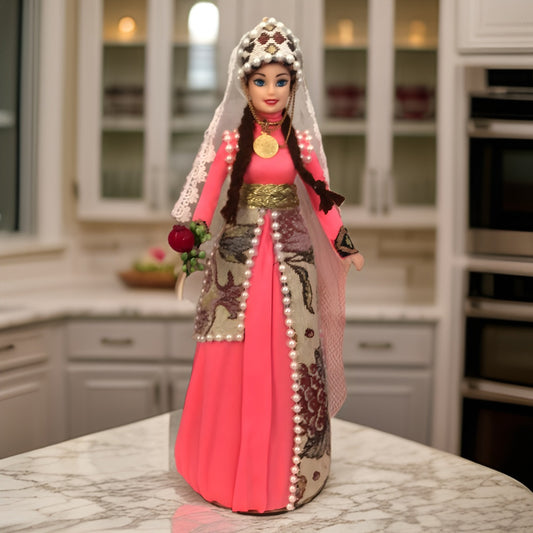 Armenian National Doll with Authentic Coral Taraz (national dress), Ornate Pendant Necklace Centerpiece, and Armenian Symbols and Motifs