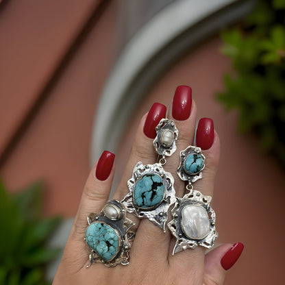 Turquoise and Pearl Sterling Silver Earrings and Ring Set - Modern Fantasy Statement Jewelry