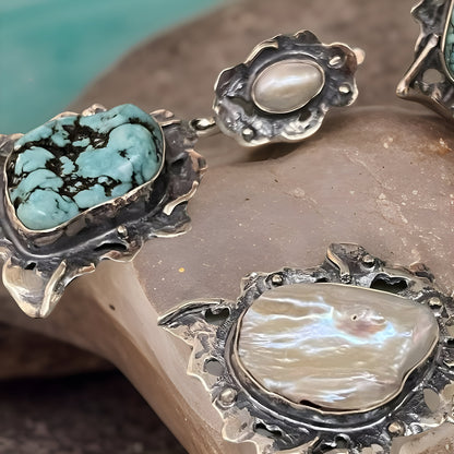 Turquoise and Pearl Sterling Silver Earrings and Ring Set - Modern Fantasy Statement Jewelry