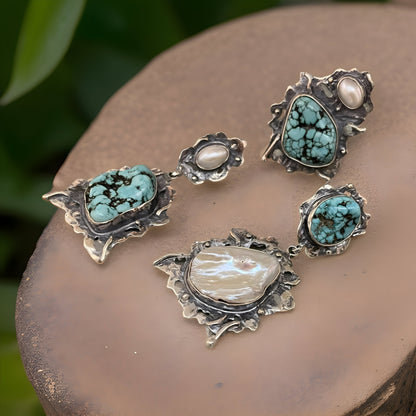 Turquoise and Pearl Sterling Silver Earrings and Ring Set - Modern Fantasy Statement Jewelry