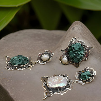 Turquoise and Pearl Sterling Silver Earrings and Ring Set - Modern Fantasy Statement Jewelry