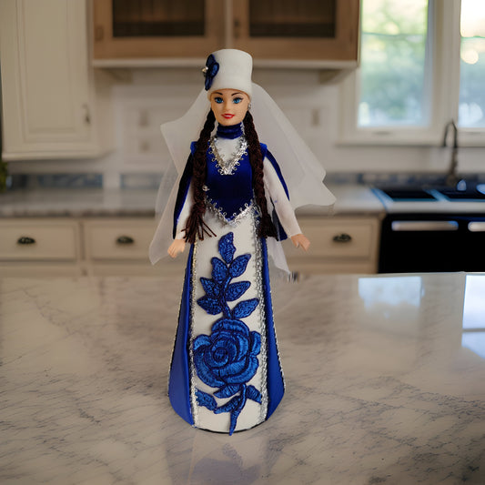 Armenian Barbie - Blue Taraz Doll with Veil and Floral Embellishments - Traditional Cultural Figurine