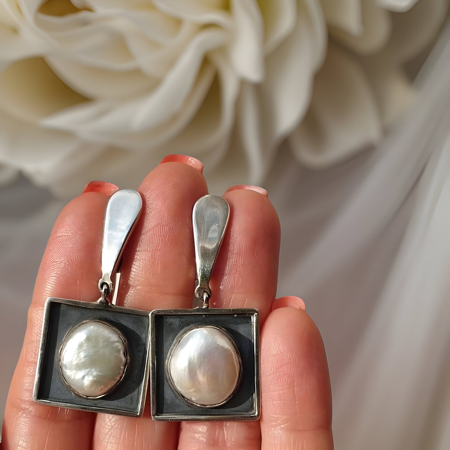Minimalist Square Earring and Pearl Ring Set - Modern Contemporary Statement Jewelry