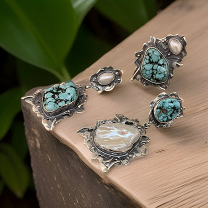 Turquoise and Pearl Sterling Silver Earrings and Ring Set - Modern Fantasy Statement Jewelry