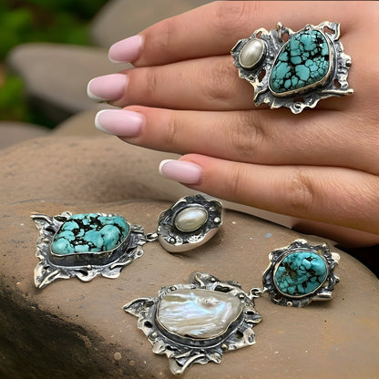 Turquoise and Pearl Sterling Silver Earrings and Ring Set - Modern Fantasy Statement Jewelry