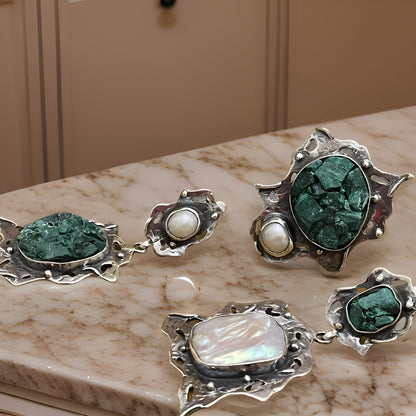 Turquoise and Pearl Sterling Silver Earrings and Ring Set - Modern Fantasy Statement Jewelry