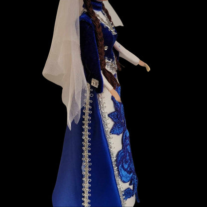 Armenian Barbie - Blue Taraz Doll with Veil and Floral Embellishments - Traditional Cultural Figurine
