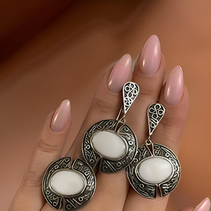 Antique-style Sterling Silver Filigree Set with Milky White Quartz and Fantasy Armenian Design - Ring and Earrings