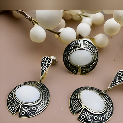 Antique-style Sterling Silver Filigree Set with Milky White Quartz and Fantasy Armenian Design - Ring and Earrings
