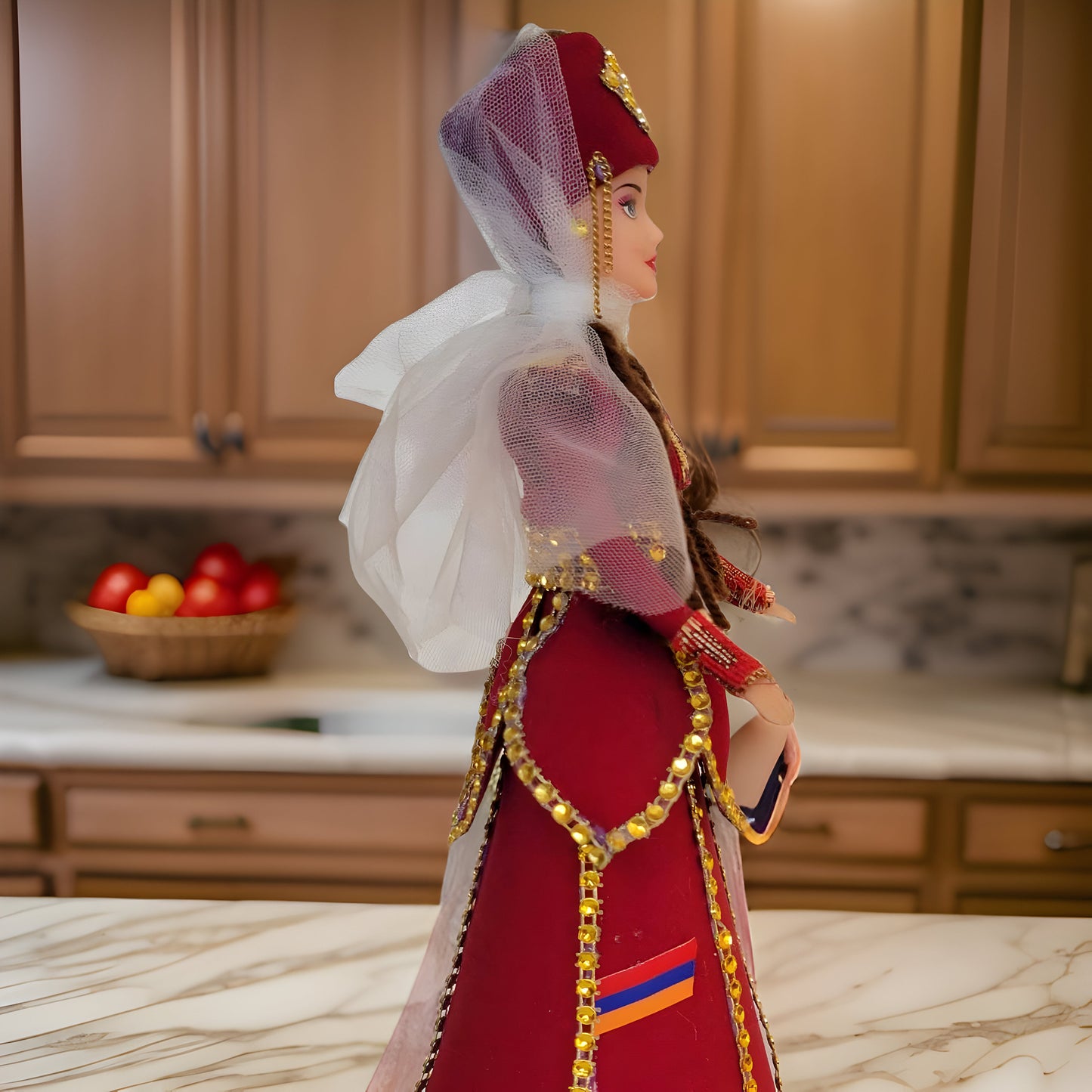 Pomegranate Red Traditional Taraz Dress - Taraz Doll with Veil and Lace - Matriarch Traditional Cultural Figurine - Armenian Barbie