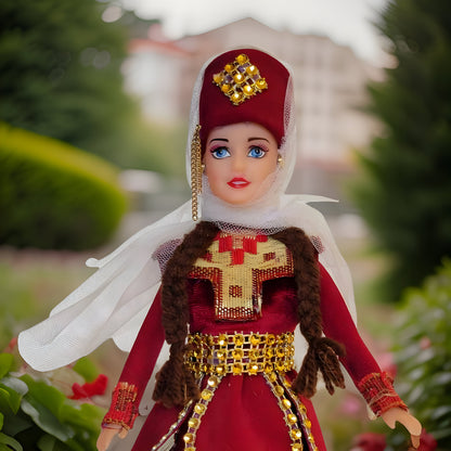 Pomegranate Red Traditional Taraz Dress - Taraz Doll with Veil and Lace - Matriarch Traditional Cultural Figurine - Armenian Barbie