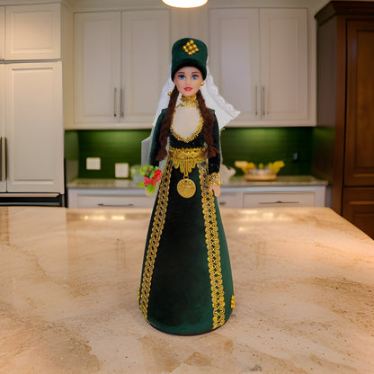Armenian Barbie Doll: Authentic Hunter Green Taraz Design with Intricate Golden Coin and Veil - Traditional Cultural Figurine for Collectors